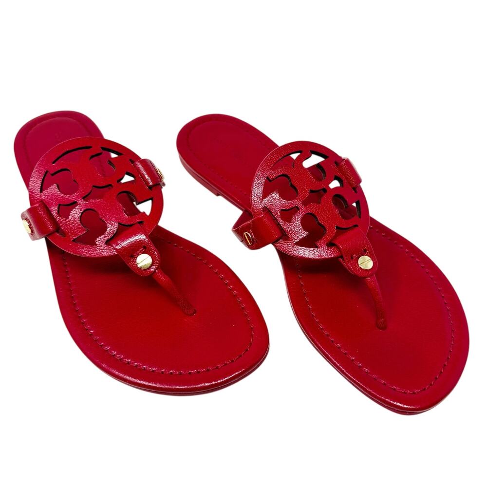 Tory Burch Miller Red Goat Leather Thong Flip Flop Sandal Logo Medallion US 7
